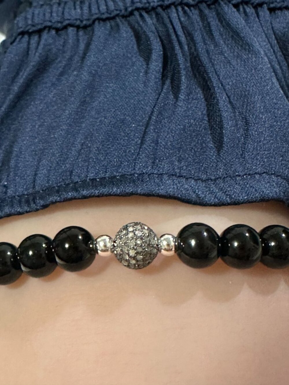 Black Onyx Gemstone Stretch Bracelet with Pave Diamond Bead Oxidized - Picture 9 of 10